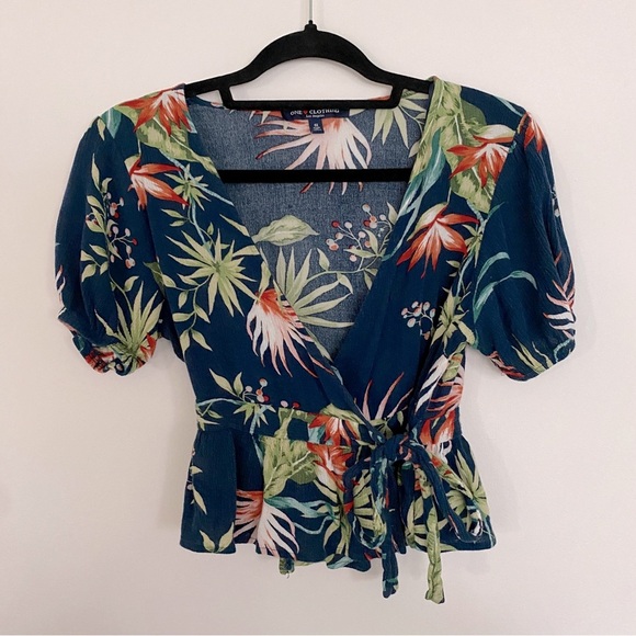 Blue Tropical Print Puff Sleeve Wrap Top - Picture 2 of 3